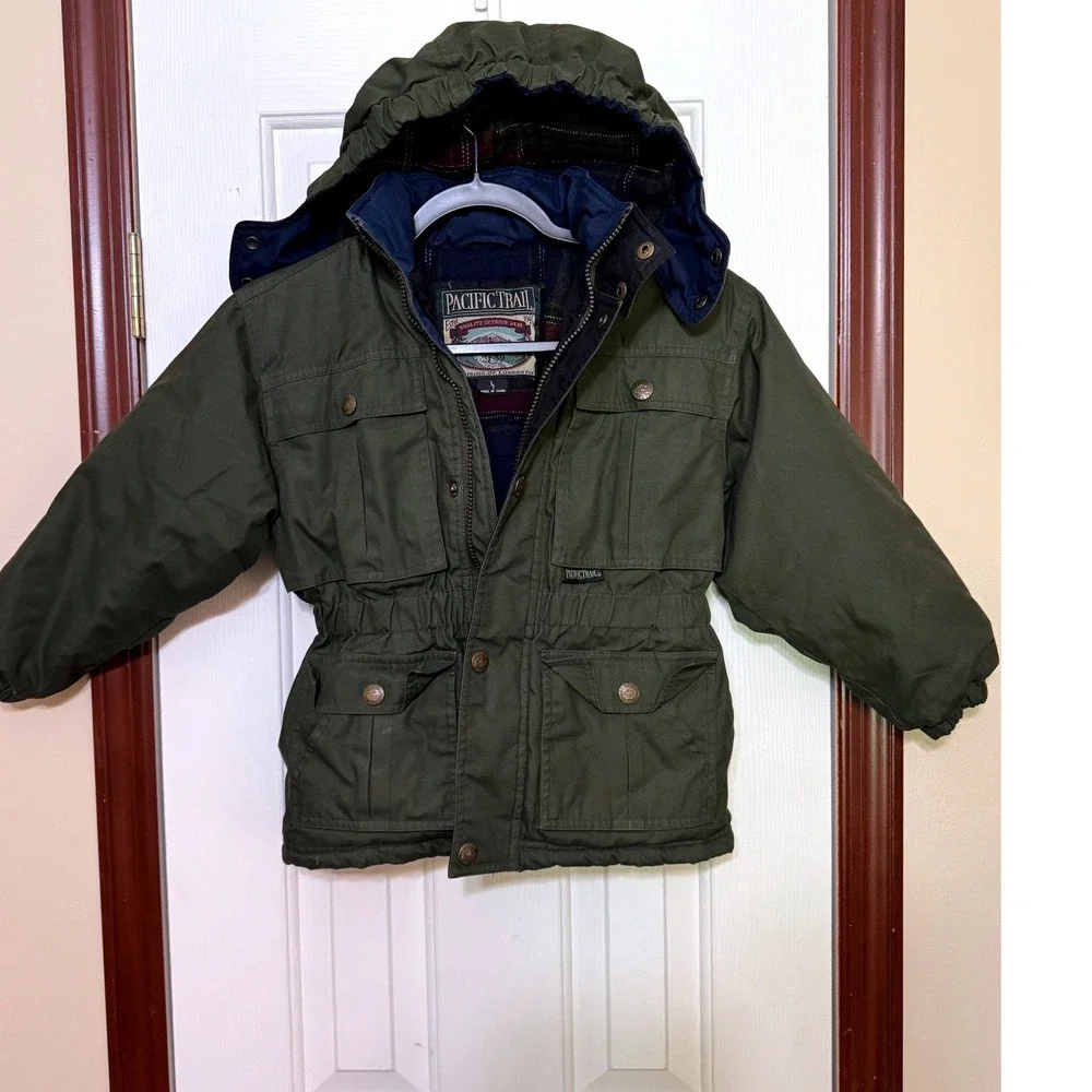 Pacific Trail Boys Olive Green Hooded Winter Jacket Plaid Lined Size L 7 296556‎